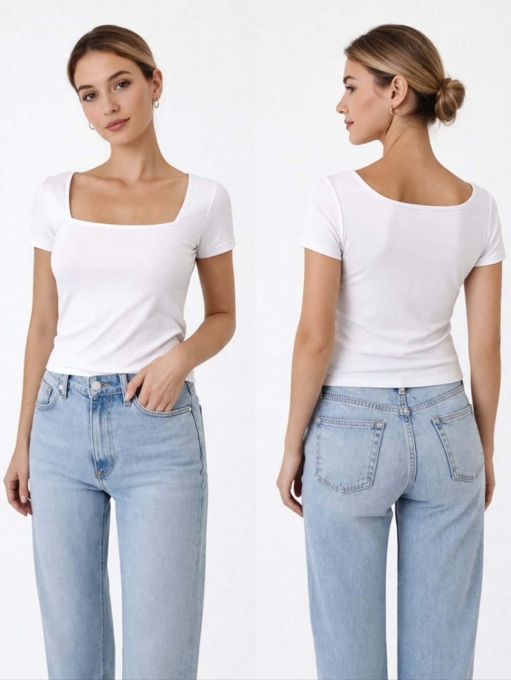 White Square Neck Fitted Tee Soft Stretch Baby Tee Minimalist XS S